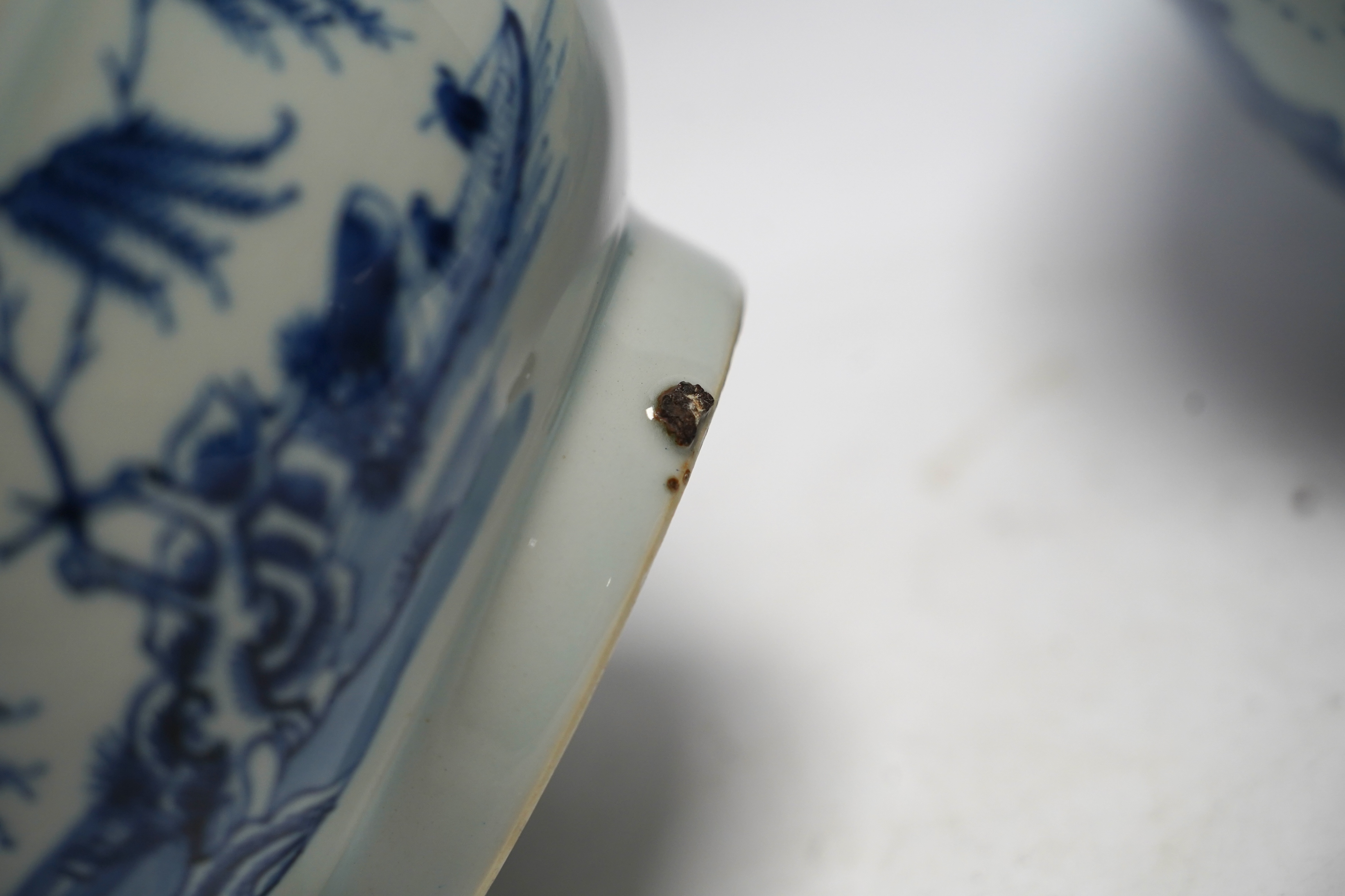 A group of 18th century Chinese and Japanese porcelain including blue and white bowls and jar with hardwood cover, largest 19cm in diameter